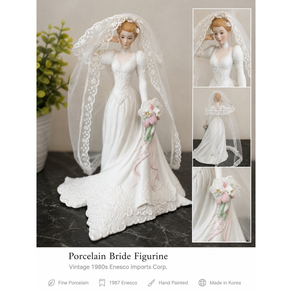 Vintage Enesco Ever Green Bride Music Box Porcelain Wedding Figurine 1987